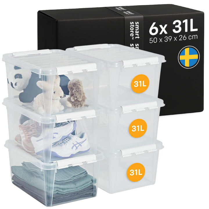 SmartStore Aufbewahrungsboxen aus Kunststoff, 32 l, mit Deckel, transparent, stapelbar und ineinande