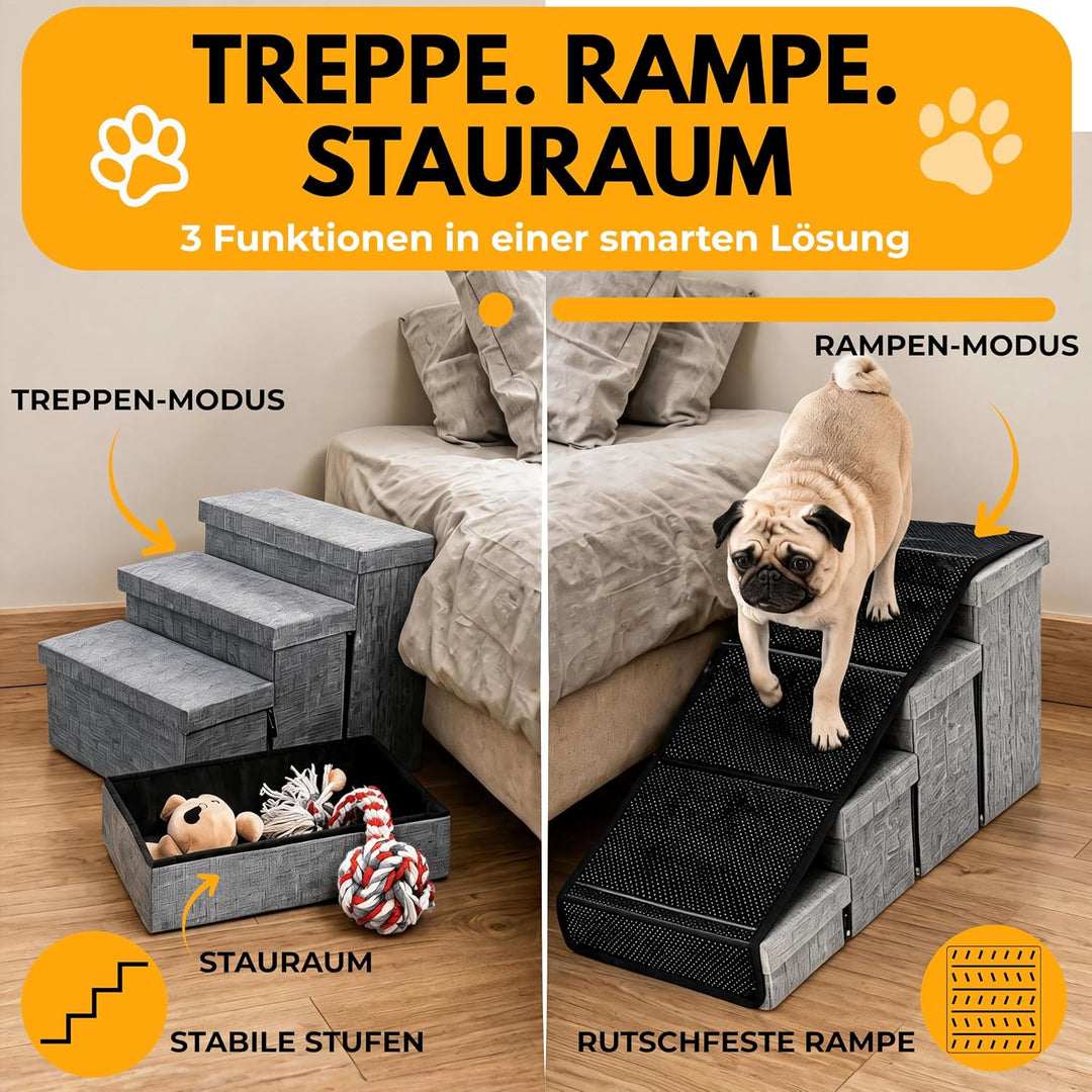 Hundetreppe mit 4 Aufbewahrungsboxen | mit Rampenfunktion | Faltbare Haustier rutschfeste Sicherheit