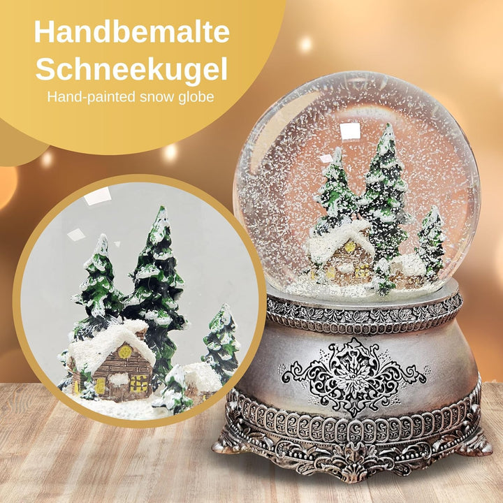 Hüttenzauber Schneekugel mit Musik | Nostalgische Winterhütte im Winterwald in Schüttelkugel| Sockel