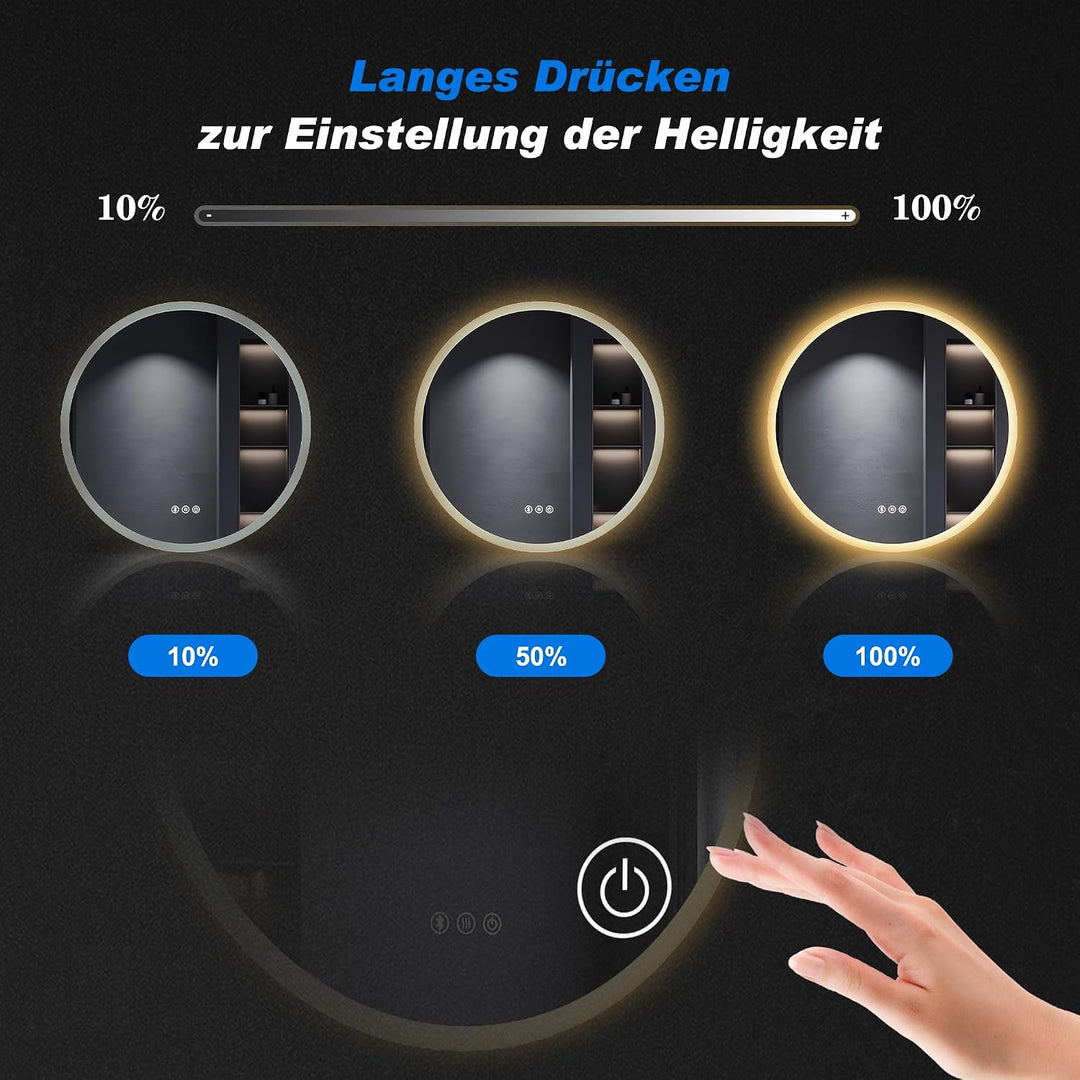 SONNI 60 cm Runder LED-Badspiegel mit Bluetooth &amp; IP44, Dimmbare LED mit 3 Farbtemperaturen &amp; Anti-B