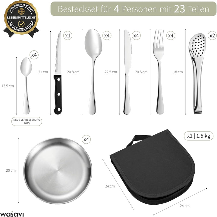 [23-teilig für 4 Personen] Camping Besteckset. Edelstahl-Gabeln, Messer und Löffel. Inklusive tragba