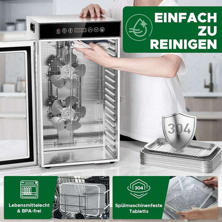 Kwasyo Gewerblicher Dörrautomat 18 Etagen, 800W Edelstahl Lebensmittel Dehydrator mit 360° Luftzirku