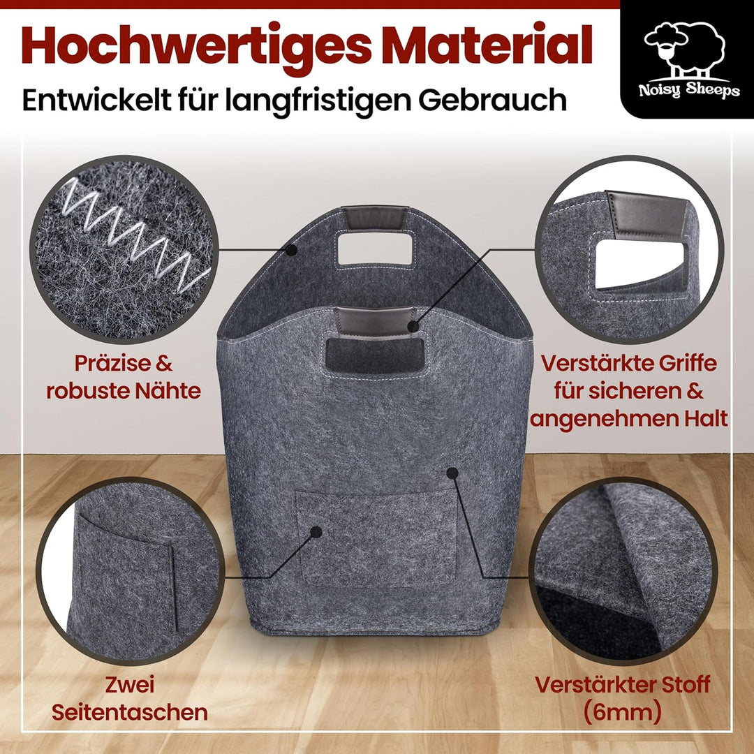 Noisy Sheeps® Holzkorb für Kaminholz gross XXL 60L | Extra starker 6mm Filz | inkl. Anzündwolle für