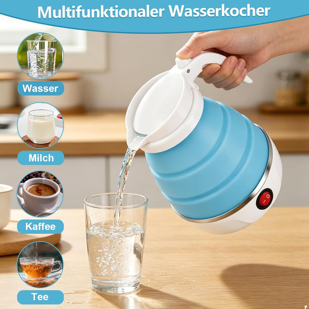 Faltbarer Wasserkocher 600ml Reisewasserkocher, Reise Silikon Tragbarer Wasserkessel mit 1 Klappbürs