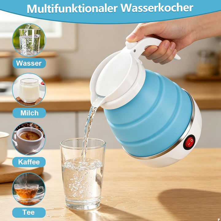 Faltbarer Wasserkocher 600ml Reisewasserkocher, Reise Silikon Tragbarer Wasserkessel mit 1 Klappbürs
