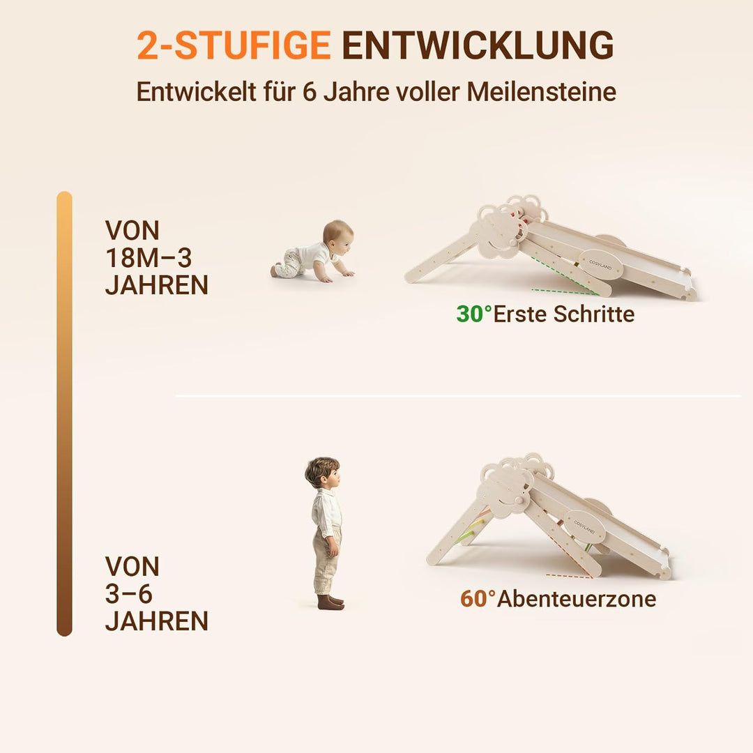 COSYLAND 8-in-1 Klettergerüst Indoor L – Grosses Kletterdreieck Set mit Kletterbogen & Rutsche – War