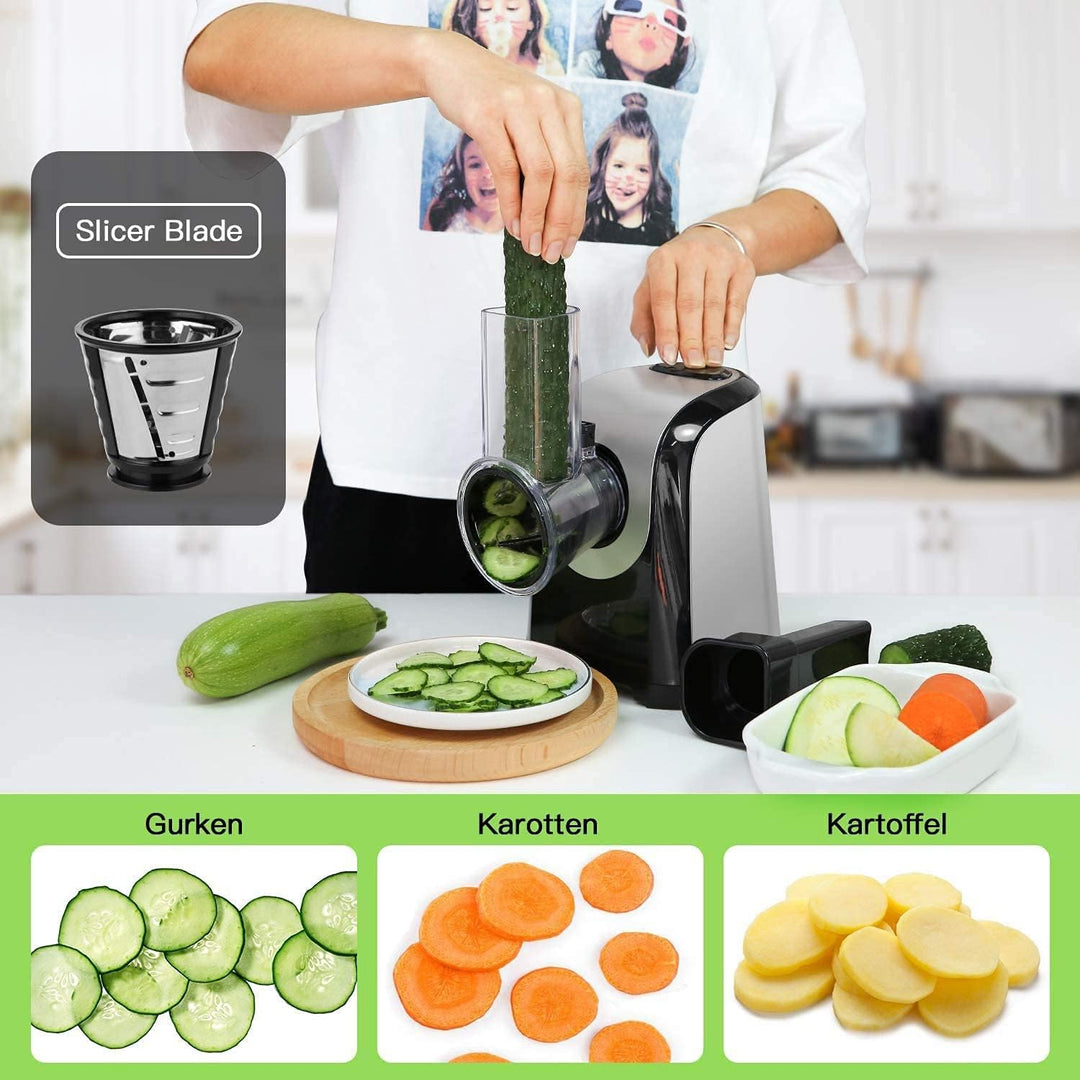 COOCHEER Elektrischer Gemüsehobel, Elektrische Reibe mit 5 Raspel, Küche Gemüsehobel Edelstahl Salat