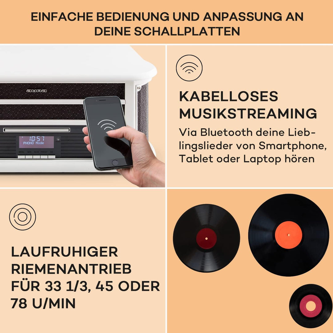 auna Belle Epoque 1908 - Retroanlage, Plattenspieler, Stereoanlage, Digitalradio, Radio-Tuner, MP3-f