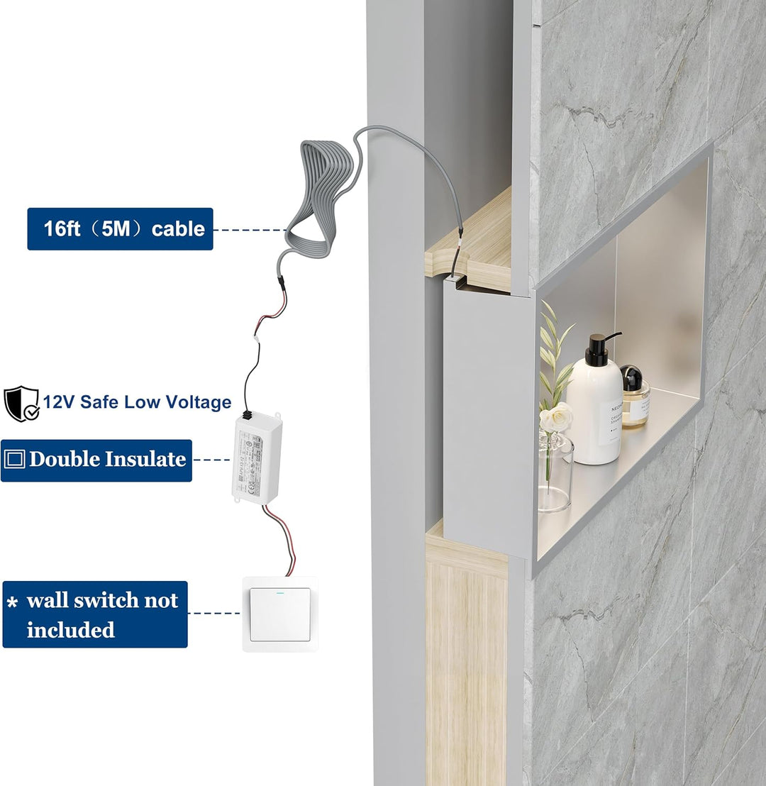 Wandnische Dusche Edelstahl mit LED-Licht, Eingebettete Duschnische Einzelregal Lagerung für Badezim