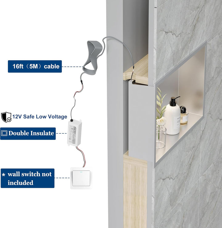 Wandnische Dusche Edelstahl mit LED-Licht, Eingebettete Duschnische Einzelregal Lagerung für Badezim