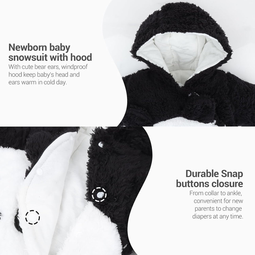 Baby Overalls mit Kapuze Winter Flanell Strampler Spielanzug mit Füsse Karikatur Jumpsuit, Pandabär