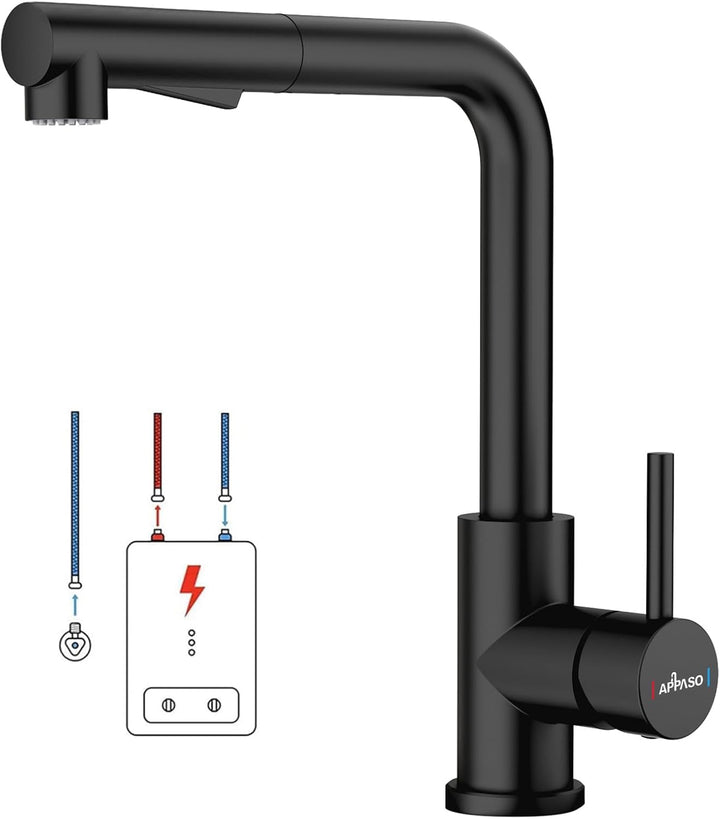 Niederdruck Armatur Küche Schwarz APPASO, Wasserhahn Küche 3 Anschlüsse, Niederdruck Küchenarmatur A