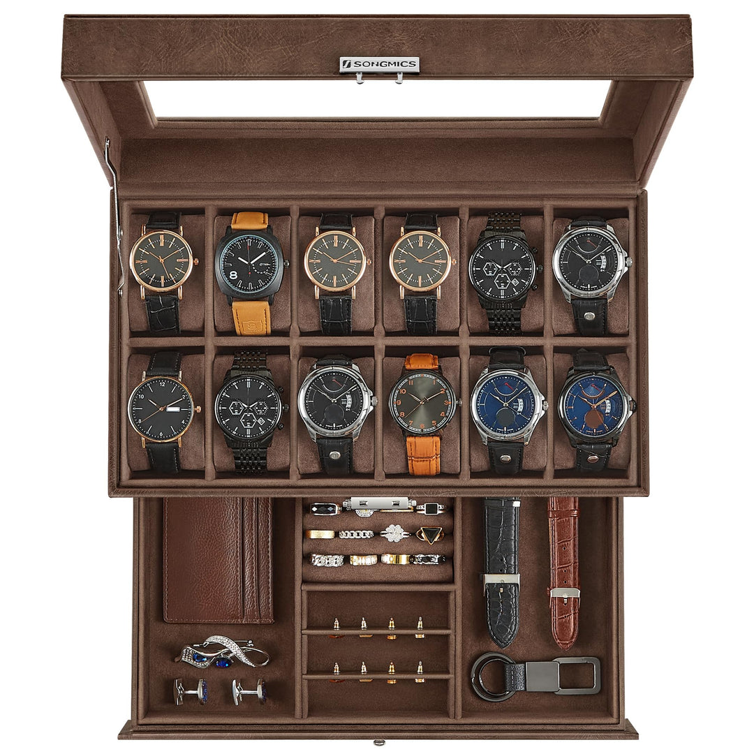SONGMICS Uhrenbox, Uhrenkasten mit Glasdeckel, Uhrenkoffer 2 Ebenen, für 12 Uhr, abschliessbar, 1 Sc
