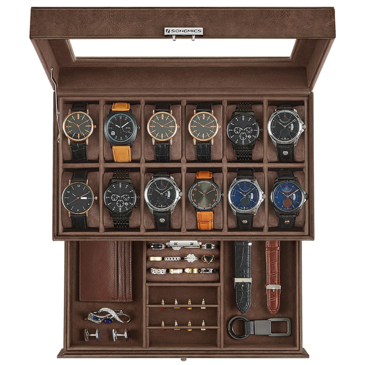 SONGMICS Uhrenbox, Uhrenkasten mit Glasdeckel, Uhrenkoffer 2 Ebenen, für 12 Uhr, abschliessbar, 1 Sc