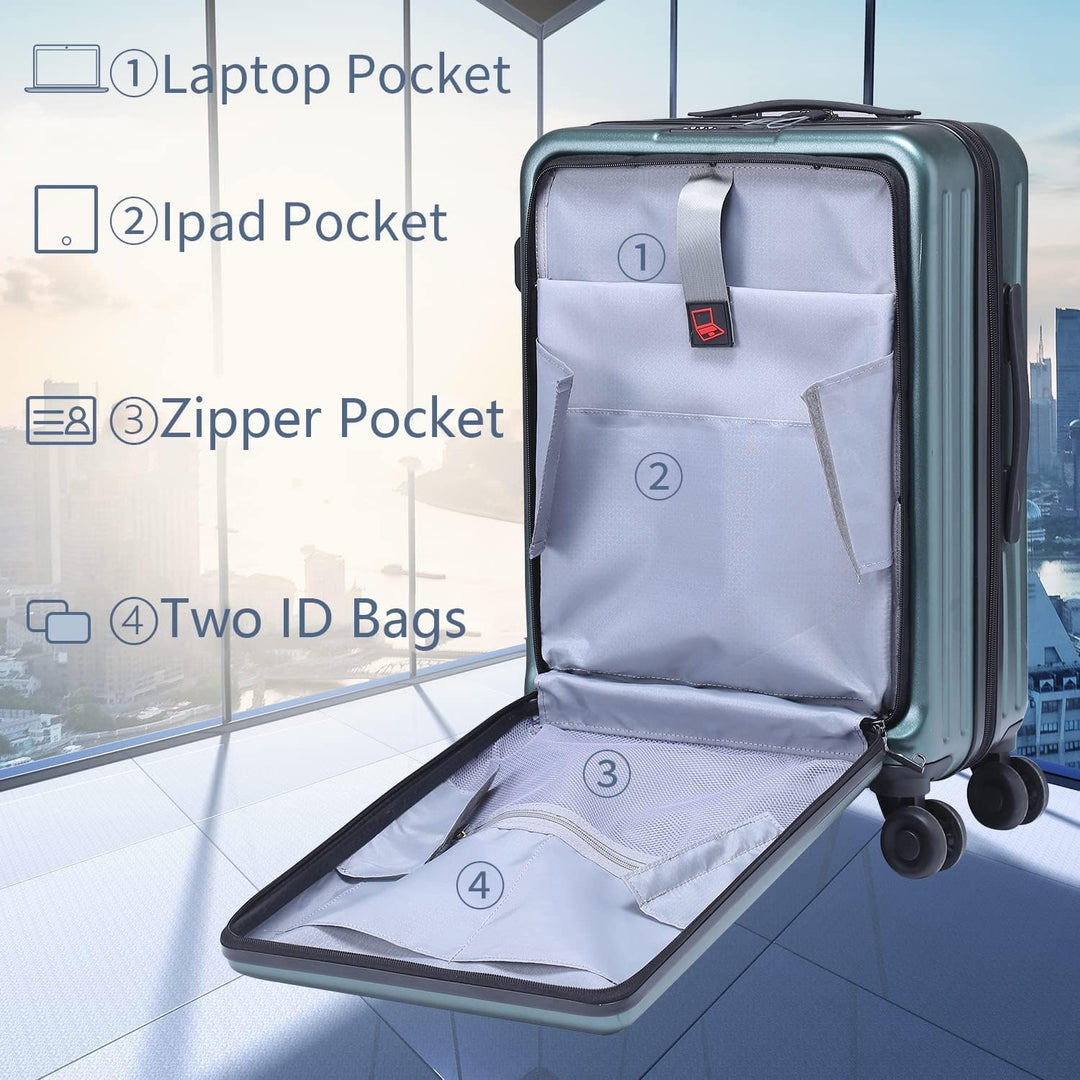 TydeCkare 20 Zoll Dunkelgrau Handgepäck Koffer mit Laptoptasche mit Frontöffnung, ABS+PC Leicht Hart
