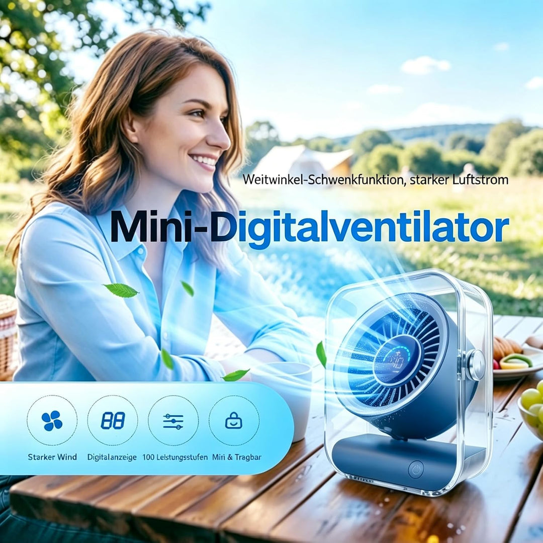 Kleiner Tischventilator, ultraleise, 100 Geschwindigkeitsstufen | Digitalanzeige, 3000-mAh-Akku, Tur