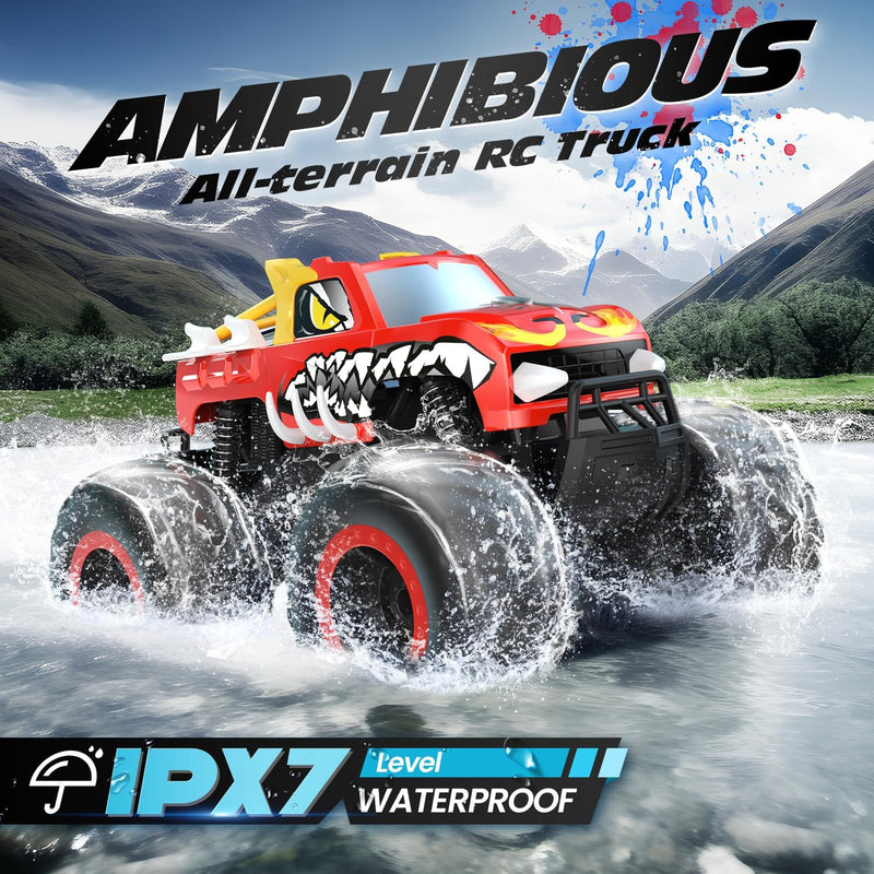 DEERC Amphibisches Ferngesteuertes Auto 1:16, 4WD Off-Road Monster Trucks in Feuer-Drache-Optik mit