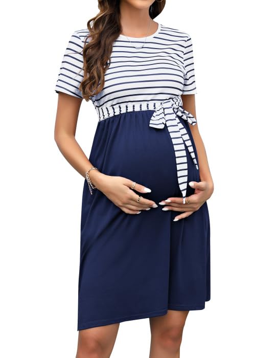 KOJOOIN Damen Umstandskleid Rundhalsausschnitt Gestreiftes Schwangerschaftskleid 3/4 Ärmel Casual Um