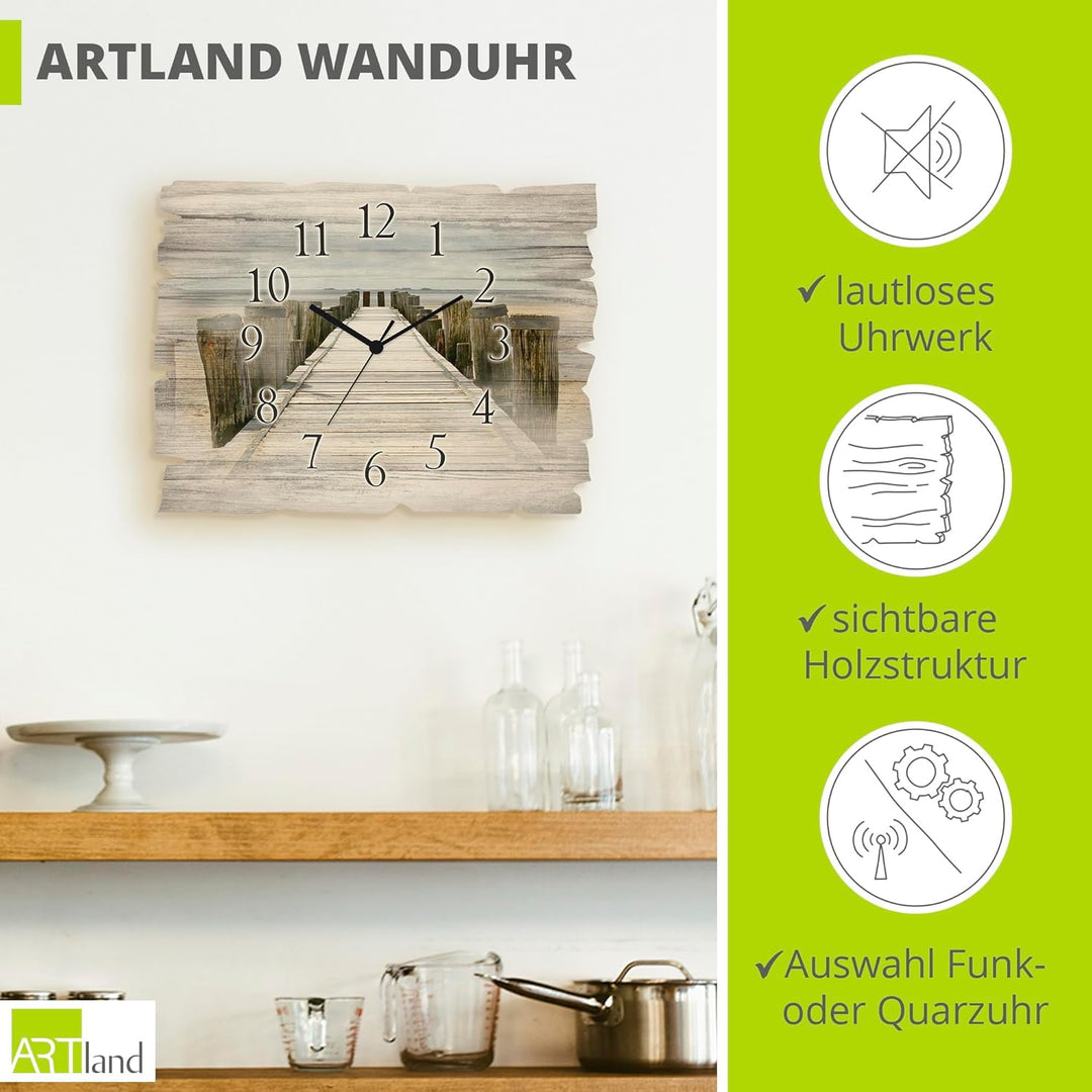 ARTLAND Wanduhr ohne Tickgeräusche aus Holz Quarzuhr 40x30 cm Rechteckig Lautlos Strand Meer Steg Wa