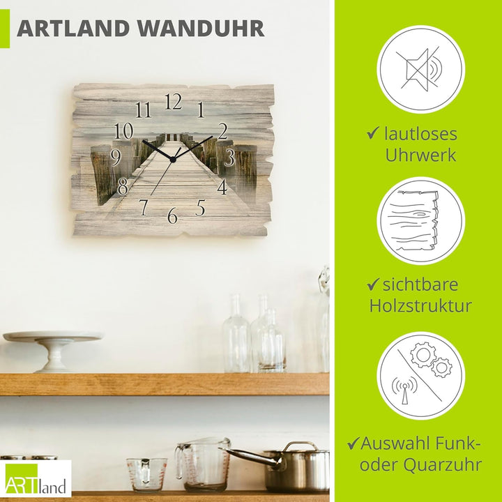 ARTLAND Wanduhr ohne Tickgeräusche aus Holz Quarzuhr 40x30 cm Rechteckig Lautlos Strand Meer Steg Wa