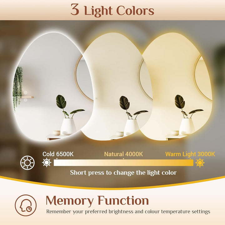 Clevich Badspiegel mit Beleuchtung Asymmetrisch 80×60 cm, LED Spiegel mit 3 Lichtfarben dimmbar, geh
