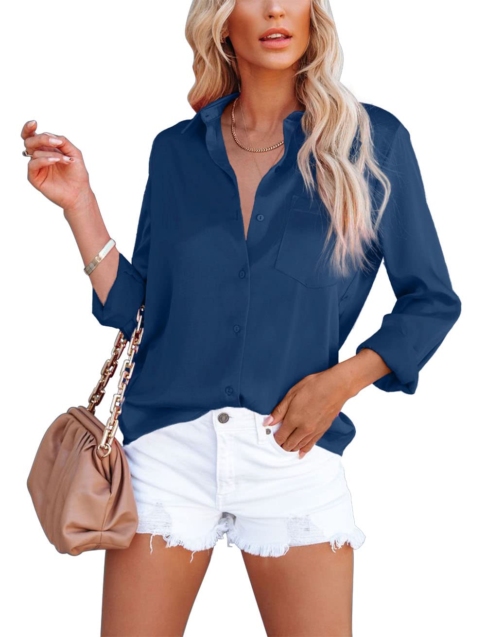 Damen Bluse Elegant V-Ausschnitt Satin Langarm Casual Oberteile Locker Hemd Einfarbig Lose Langarmsh