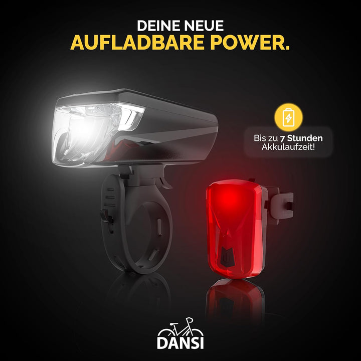 DANSI Fahrradleuchten-Set StVZO I LED-Fahrradlicht I Rad-Licht hell vorne 30/15 Lux, Akku-Leuchtense