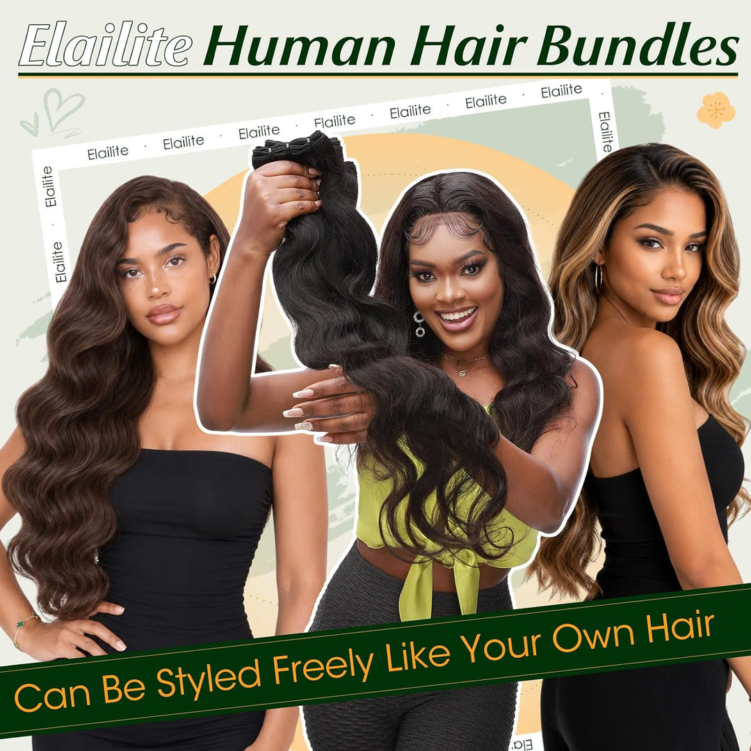 Elailite Haartressen Echthaar Schwarz Sew in Bündel Hair Extensions Tressen Haarverlängerungen Brasi