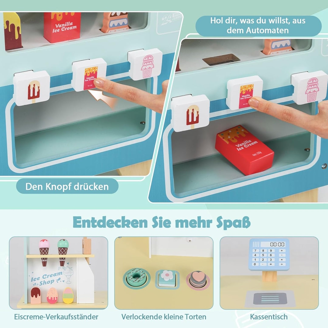 GOPLUS Eiswagen Kinder, Eisstand auf Rädern mit Verkaufsautomat, Eismaschinen-Spielzeug, Präsentatio