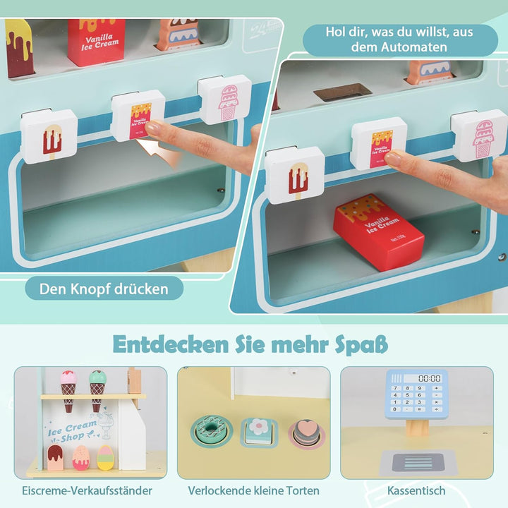 GOPLUS Eiswagen Kinder, Eisstand auf Rädern mit Verkaufsautomat, Eismaschinen-Spielzeug, Präsentatio