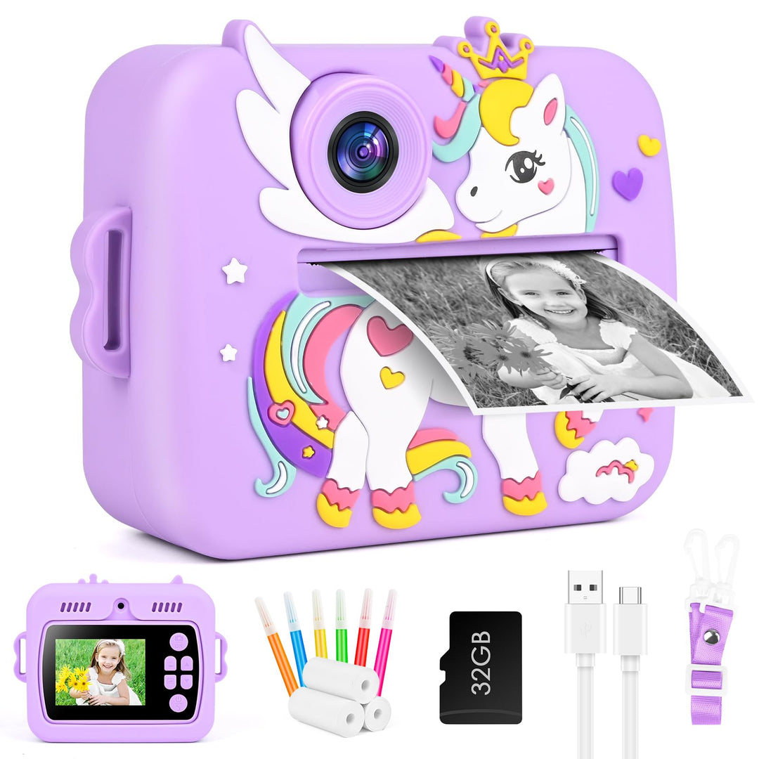 GuKKK Kinderkamera Sofortbildkamera, 2,4 Zoll Sofortbildkamera Kinder mit 32G TF Karte und Fotopapie