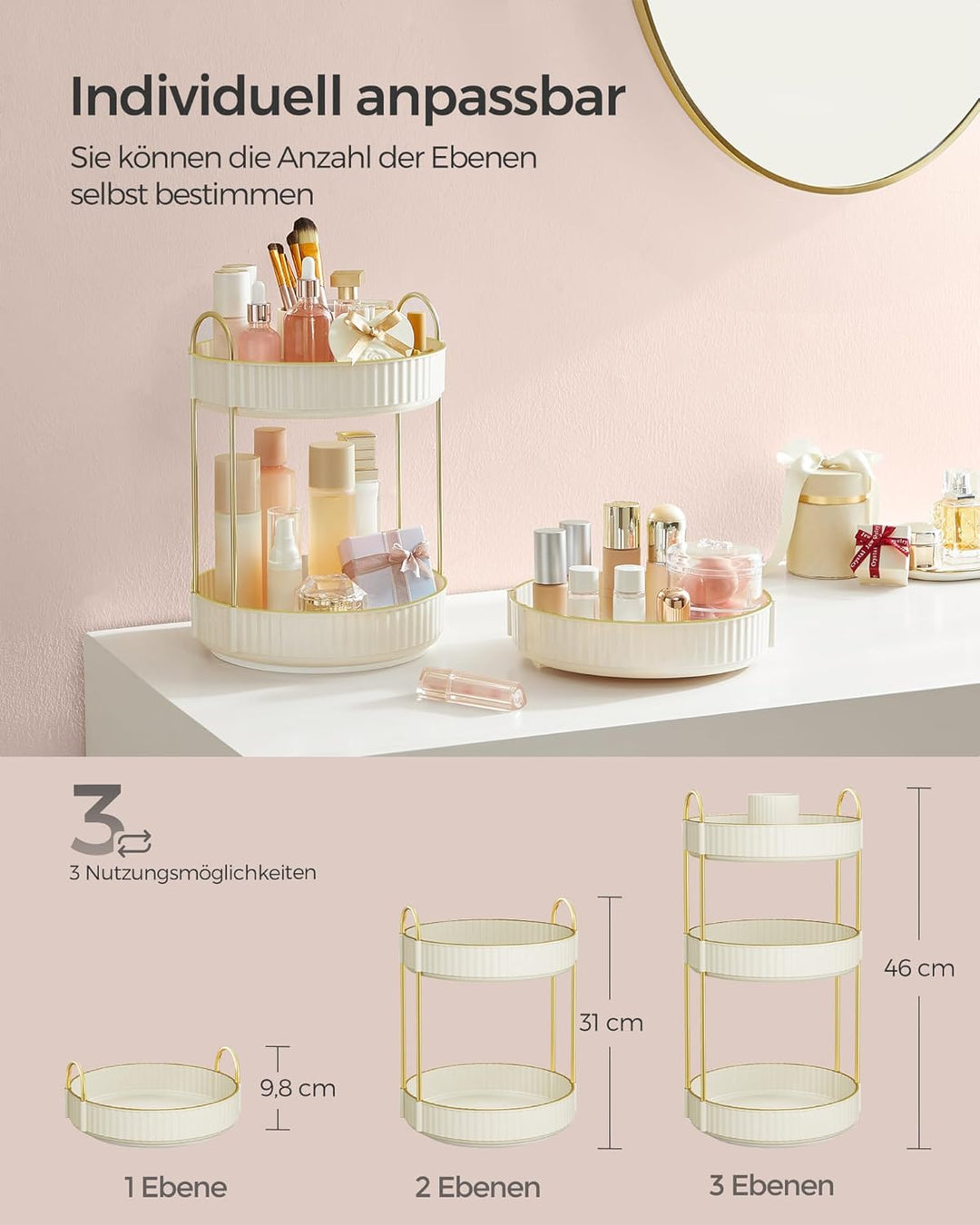 SONGMICS Make-up Organizer drehbar, Kosmetik-Organizer rund, 3 Ebenen, Kosmetik Aufbewahrung, anpass