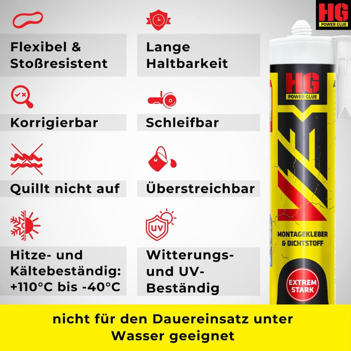 HG POWER GLUE V13 Ultra Hochleistungs-Montagekleber und Dichtstoff extra stark, Kraftkleber für auss