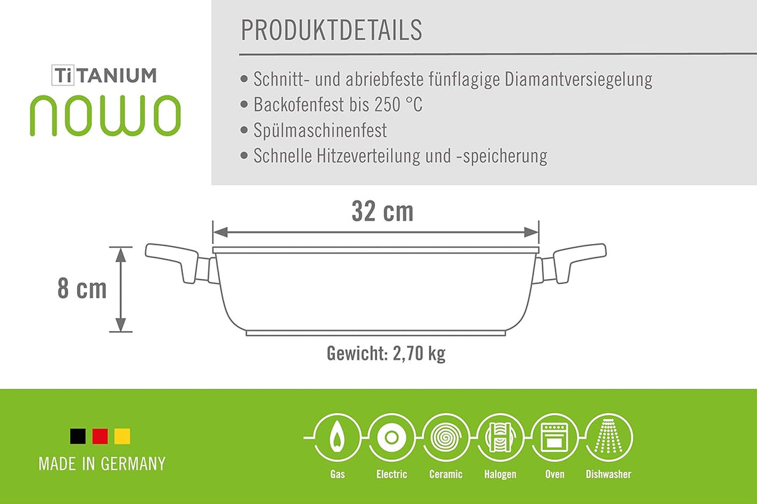 Woll Nowo Titanium Kasserolle, Ø 32 cm, 8 cm hoch, 5.5 Liter, mit 2 Seitengriffen - Geeignet für Cer