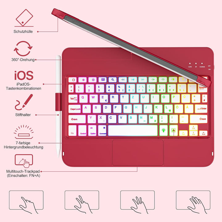 MMK Tastatur Hülle für iPad A16 11 Generation 2025/10 Generation 2022(11/10.9 Zoll), 7 Farben Beleuc