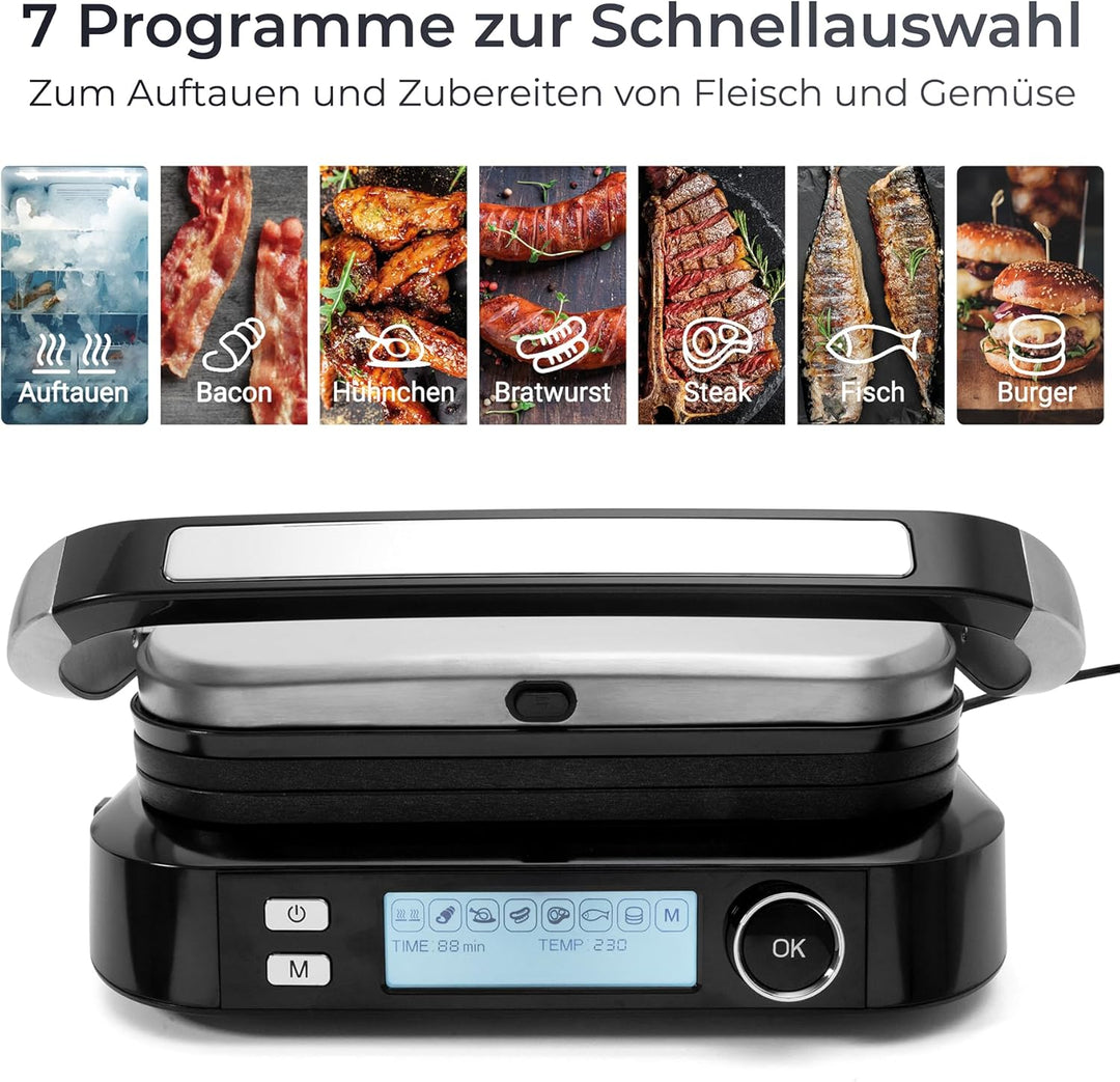 KLAMER Kontaktgrill, 7 Automatikprogramme, abnehmbare Platten, Antihaftbeschichtung, 2100W starker P