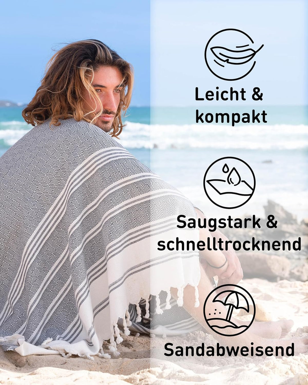 Fit-Flip Hamamtuch aus 100% Baumwolle saugfähig und schnelltrocknend | Anthracite, 100x200cm Diamond