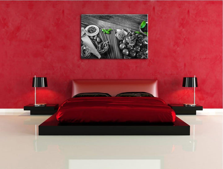 Pasta mit frischen Gewürzen schwarz/weiss Format: 100x70 auf Leinwand, XXL riesige Bilder fertig ger