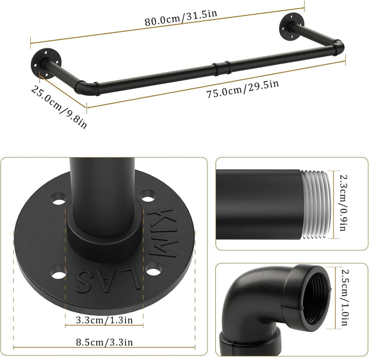 Yawinhe Kleiderstangen für die Wand, 80cm industrieller Rohr-Kleiderständer zur Wandmontage, Platzsp