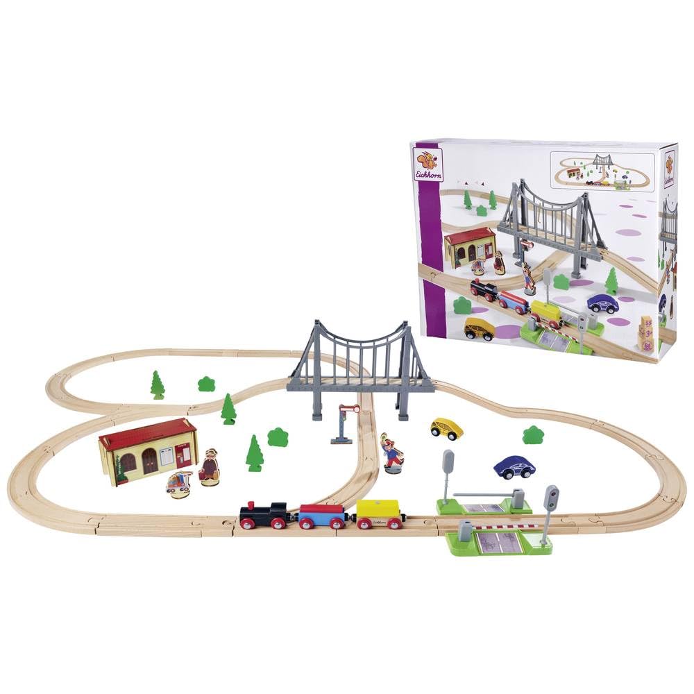 Eichhorn Schienenbahn 100006204 Bahnset mit Brücke, 55 teilig, 500 cm Strckenlänge, FSC zertifiziert