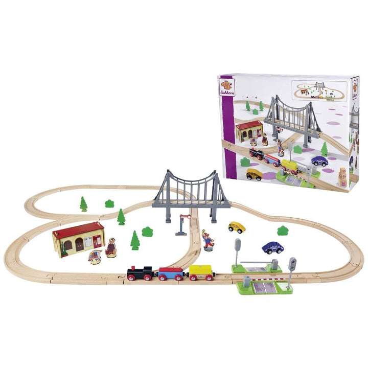 Eichhorn Schienenbahn 100006204 Bahnset mit Brücke, 55 teilig, 500 cm Strckenlänge, FSC zertifiziert