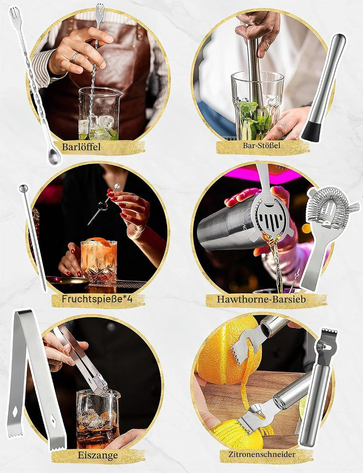 YISSVIC Cocktail Set 22 Stück Cocktail Barzubehör Mix Set Edelstahl Cocktailshaker 750ml mit Holzstä
