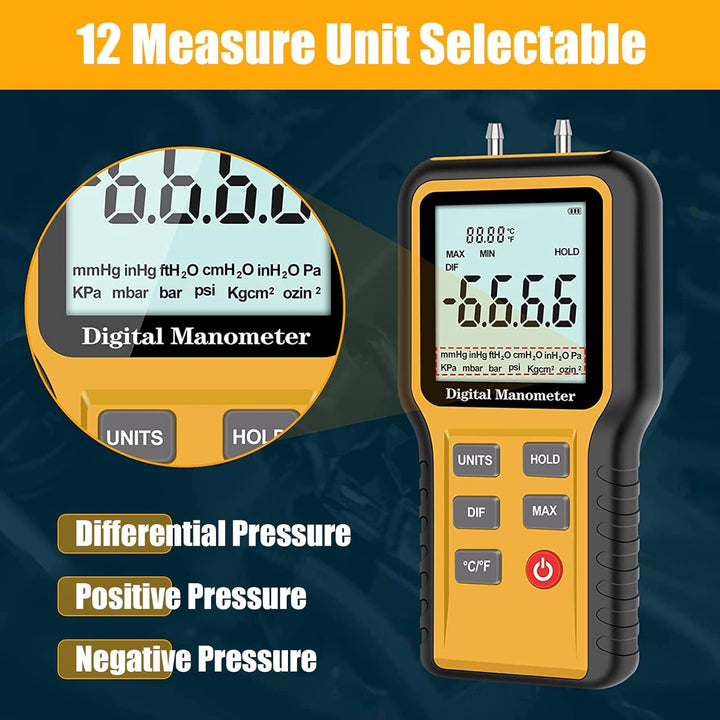 BTMETER Manometer Gas Air Pressure Meter, Dual Port Manometro Pressure Differential Gauge, for HVAC