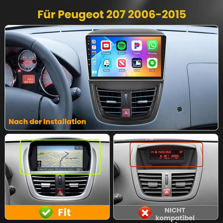 Hikity 2G+64G Autoradio Android 15 für Peugeot 207 2006-2015 mit 9-Zoll-Touchscreen, 2-DIN-Stereo mi