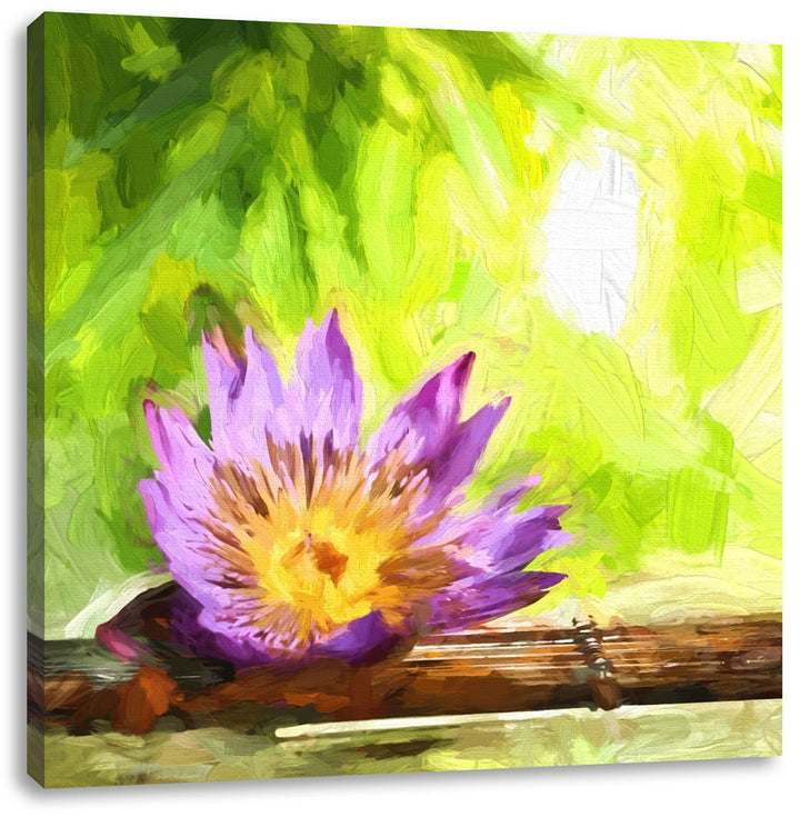 Pixxprint Zierliche Seerose auf Bambus, Format: 70x70 auf Leinwand, riesige Bilder fertig gerahmt mi