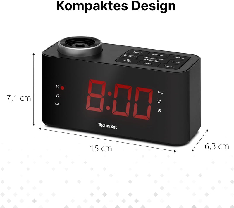 TechniSat DIGICLOCK 3 – UKW Projektionswecker für Schlafzimmer (180° Projektor, Zwei Weckzeiten, Sch