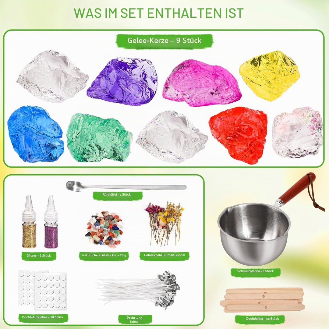 Gel Wachs Kerzen Bausatz,9pcs–7 Farben weiches Geleewachs für Gelwachskerzen, inklusive Dochte, Doch