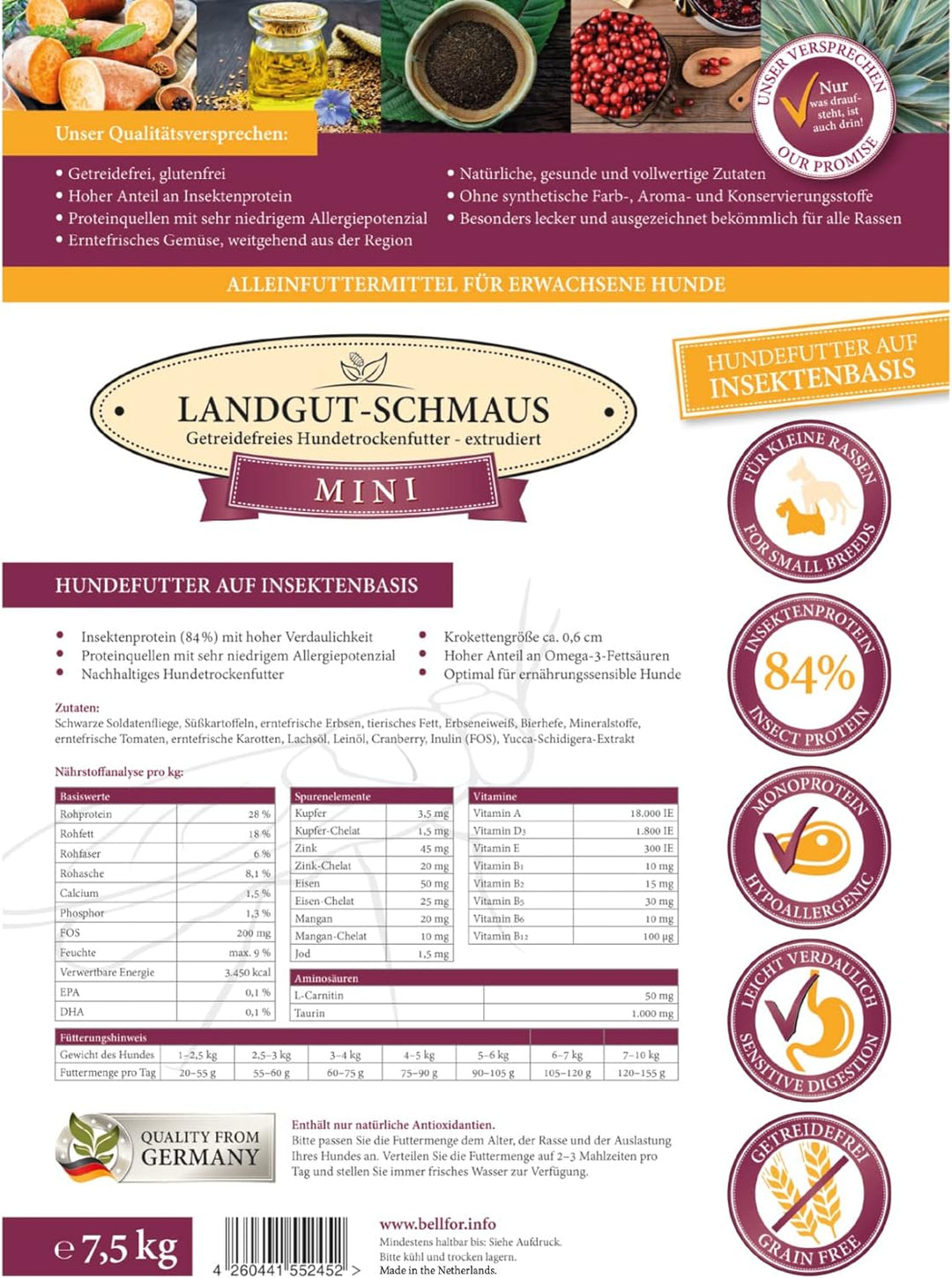 Bellfor Landgut-Schmaus Mini Hypoallergenes Getreidefreies Trockenfutter mit Insektenprotein 7,5 kg
