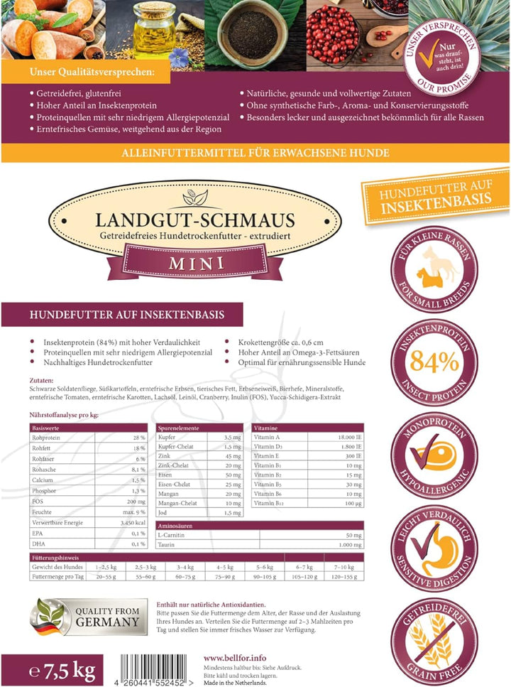 Bellfor Landgut-Schmaus Mini Hypoallergenes Getreidefreies Trockenfutter mit Insektenprotein 7,5 kg