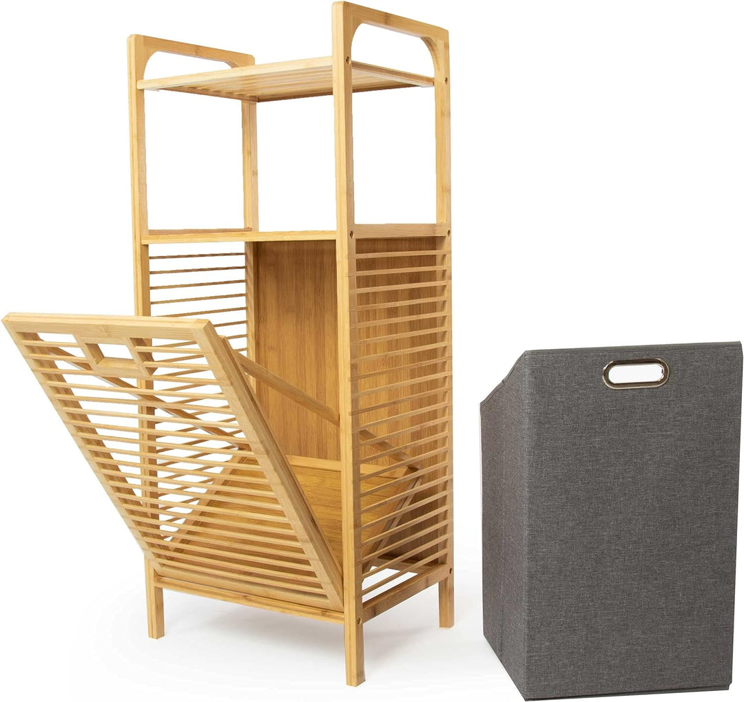 osoltus Edge Wäschesortierer - Bambus Bad-Regal mit ausklappbarem Wäschekorb - Wäsche-Schrank - Bad-